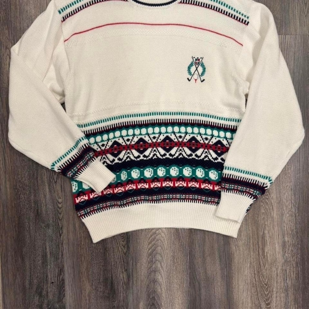 Vintage Sutter and Grant Fair Isle Golf AOP Cream and Green Sweater Men's XL